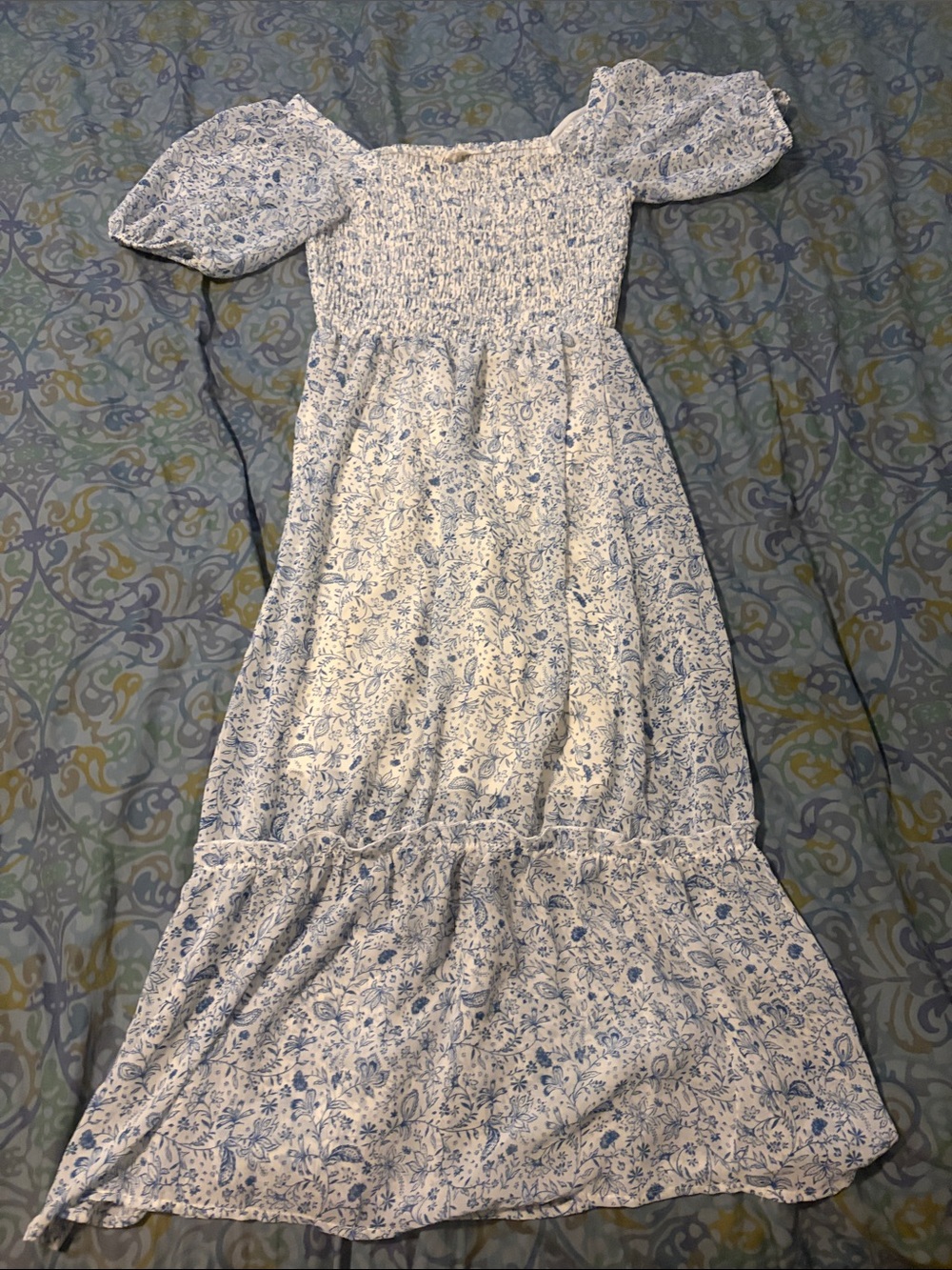 Jessica Simpson Blue and White Floral Smocked Maxi Dress